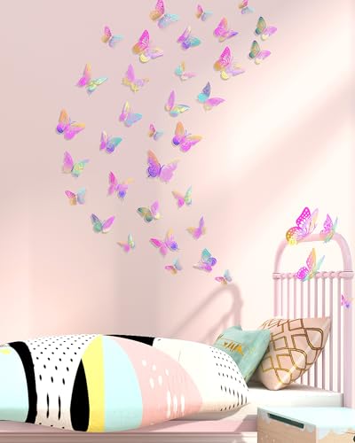 Image of 72Pcs 3D Butterfly Wall Decor, Pinkpurple Butterfly Decorations, 4 Styles 3 Sizes Removable Butterflies Wall Stickers Room Decor for Birthday Party Kids Bedroom Cake Nursery Room Decor
