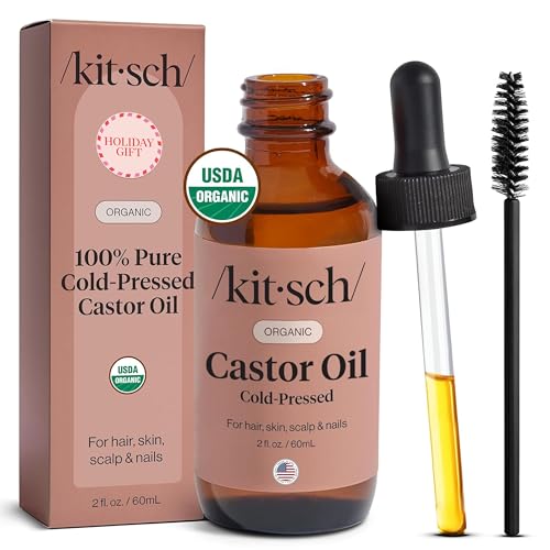 Kitsch Organic Castor Oil for Hair Growth - 100% Pure Castor Oil, Organic Cold Pressed Unrefined Glass Bottle for Face, Skin, Lashes, Brows, Scalp, Nails & Belly Button | Ideal Gifts for Women - 2 oz