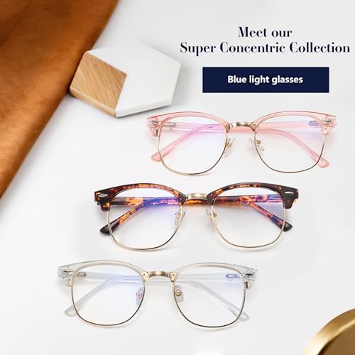 Image of Przene Blue Light Blocking Glasses for Men Women Retro Round Semi Rimless UV400 Computer Eyewear 3-Pack Pink /leopard /transparent