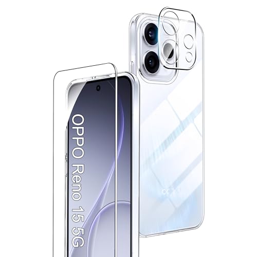 Rojeuinn cover per OPPO Reno 15 5G +1 pezzo Vetro Temperato+1 pezzo Pellicola protettiva per la fotocamera,schermo ultra trasparente,custodia protettiva morbida anticaduta e antipolvere-Trasparente