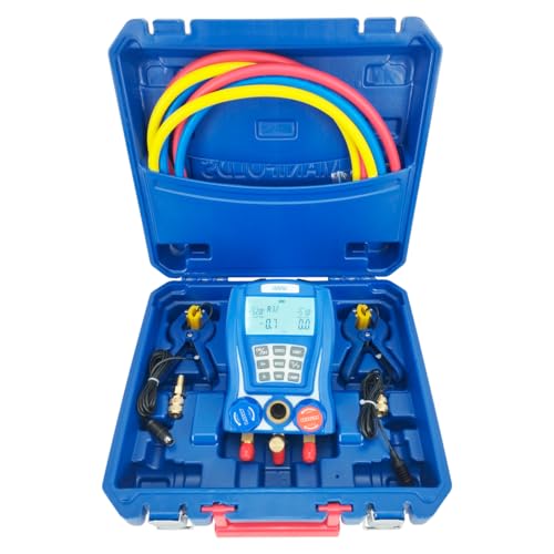 HIATSU Colector digital HVAC Refrigeración resistente con 2 cables de temperatura alta y baja, medición de presión lateral, subenfriamiento, 3 mangueras, soporte de refrigeración, 88 tipos de