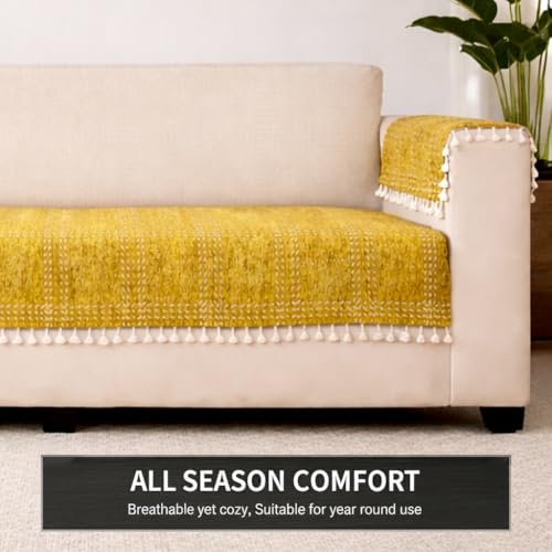 Image of STITCHNEST Woven Fabric Sofa Cover 1 Seater with 2 Hand Rest Covers - Washable Brown Sofa Cover with Tassels - Durable Premium Fabric - Stylish Sofa Protector for Living Room & Furniture Decor 5