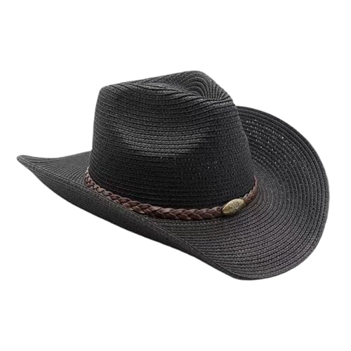 Image of Straw Cowgirl Hat for Women Cowboy Hats for Men Wide Brim Sun Hat Shapeable Western Hat Beach Hat (US, Alpha, One Size, Black)