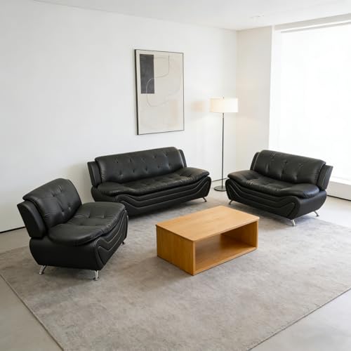 Image of Modern 3 Piece Couch Set, Faux Leather Sofa with Loveseat and Armchair for Living Room, Modern Furniture Sectional for Home Decor,Black