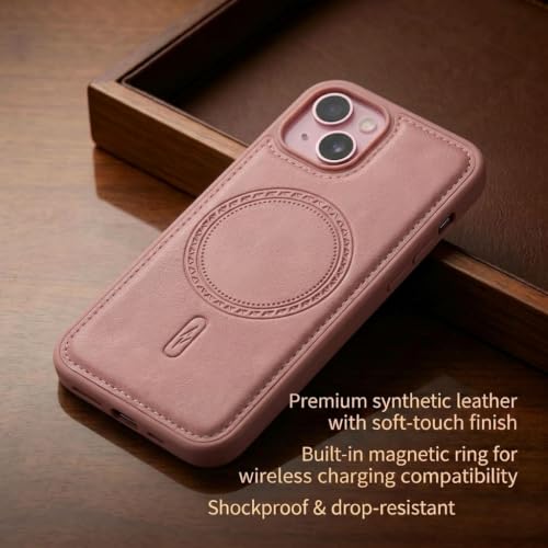 Image of amazon basics Premium PU Leather Case for iPhone 15, MagSafe Compatible Magnetic Ring, Sleek Protective Back Cover - [Pink]