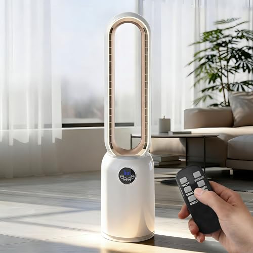 MOMOKOVA Bladeless Tower Fan for Bedroom, Powerful 26ft/s Airflow, 24 Speeds, 90° Oscillation, 12H Timer, Standing Fans with Remote, Quiet Bladeless Cooling Fan for Home Office Room, White Gold