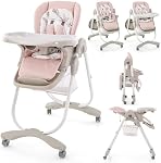HONEY JOY Baby High Chair, Foldable High Chairs for Babies and Toddlers, Adjustable Heights, Recline Backrest & Footrest, Double-Layer Tray & Cushion, Portable Infant Highchair with Wheels (Pink)