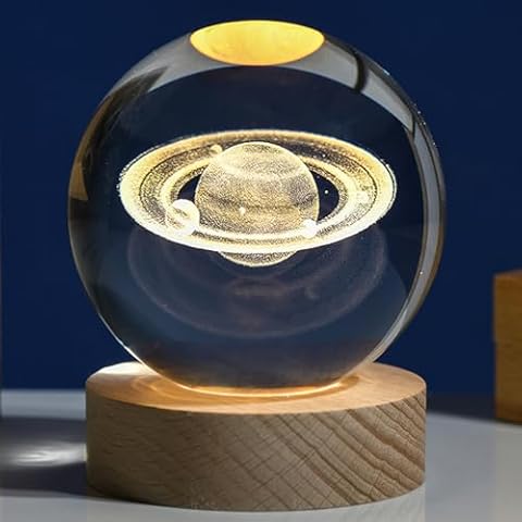 Linsiter 3D Saturn Crystal Ball Snow Globe 80mm Decorative Ball Night Light with Wooden Base Suitable for Home Decorative Ornament Astronomy Planet Gifts Cover