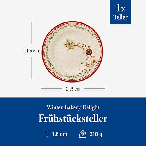 Villeroy & Boch Winter Bakery Delight Frühstücksteller Sternschnuppe, 21,5 cm, Premium Porzellan, Weiß/Rot/Beige – Ansicht 3