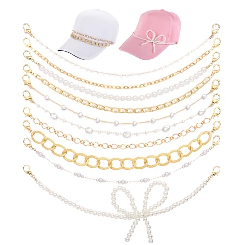Wurosi 10 Pcs Pearl Trucker Hat Chains Gold Hat Chains for Women Detachable DIY Hats Charms for Mesh Baseball Cap Truckers