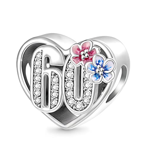 GNOCE Celebration 60th Birthday Heart Charms 925 Sterling Silver Bead Charms Birthday Gift for Women Wife Fit Snake Chain Bracelets (60th Birthday)