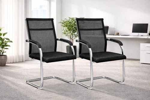 Image of TOBY Cantilever Office Visitor Chair | Breathable Mesh Back & Padded Seat | Conference & Reception Chairs with Armrests | Sturdy Chrome Frame, Non-Slip Feet Set of 2