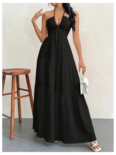 Image of SHENHE Women's Deep V Neck Tie Knot Backless Halter Dress A Line Flowy Ruffle Maxi Dress