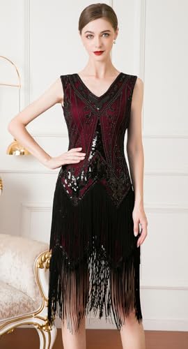 Image of Women Flapper Dresses 1920s V Neck Beaded Fringed Great Gatsby Club & Night Out Dresses