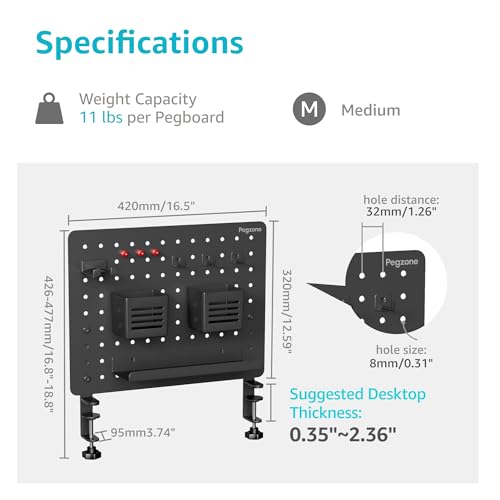 Image of PEGZONE Clamp on Desk Pegboard, 16.5 inch x 12.6 inch, with 10 Accessories, Black | Magnetic Metal Peg Board, Desk Organizer for Office Gaming Home, Privacy Panel, Medium
