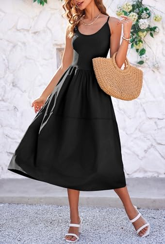 Fisoew Womens Spaghetti Strap Dress V Neck Backless Summer Casual A Line Cami Dress with Pocket3