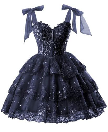 HPPEE Vestidos de lentejuelas brillantes para adolescentes con apliques de encaje, longitud a la rodilla, vestido de fiesta de cóctel, azul marino, 44