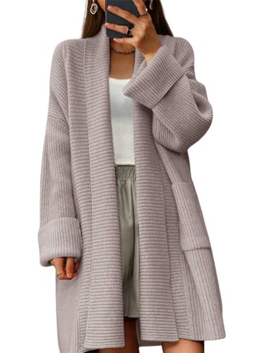 chouyatou Women's Chunky Open Front Long Cardigan Lightweight Long Sleeve Coatigan Sweater (Medium, Khaki)