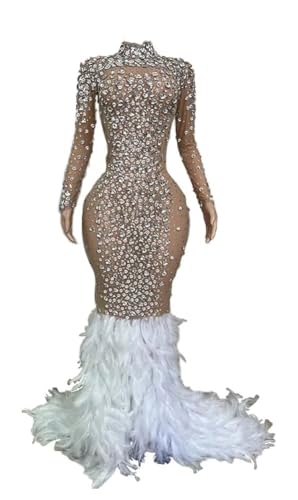 Tulle Half Transparent Rhinestone Sparkly Prom Dress Women's Feather Long Ball Celebrity Gala Pageant Evening Party Gown