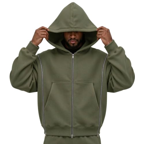 Waffle Zip Up Hoodie Men Interchangeable Zipups Oversized Y2k Sweatshirt - image 1