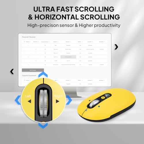 Image of Wireless Bluetooth Mouse,USB+BTx2,Slim Pebble Multi Device Small Travel Mice,Metal 4 Way Super Scrolling,± 3000 DPI,Quiet,Portable,Long Battery for Laptop,Computer,Tablet,Mac,iPad,PC,Phone (Yellow)