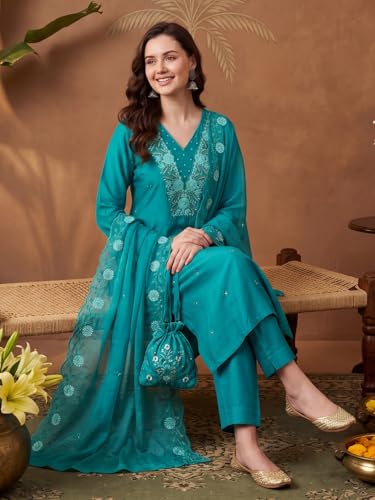 Image of INDO ERA Women's Cotton Blend Solid Straight Kurta Palazzo With Dupatta Set