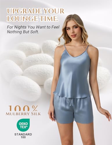Image of THXSILK 100% Mulberry Silk Women Cami Pajama Set, Tank Top with Shorts Sleepwear, Adjustable Spaghetti Straps, Luxury Pj Set