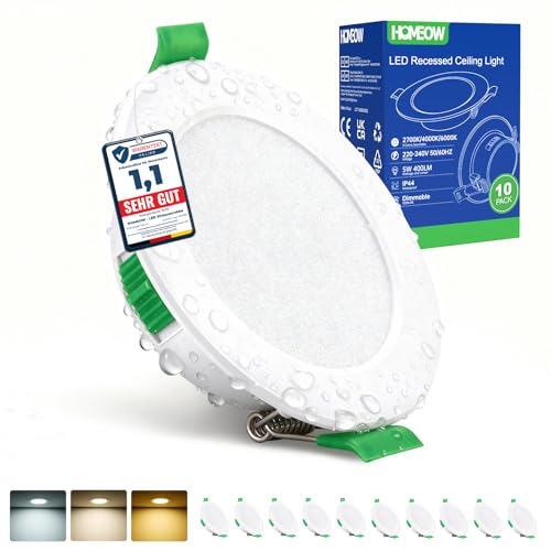 HOMEOW LED Einbaustrahler 230V, 5W 400LM LED Spot 68mm - 80mm Lochmaß, IP44 Warmweiß Neutralweiß Kaltweiß Deckenspots, 24mm Ultra Flach Einbauleuchten für Badezimmer Küche, 10er Set
