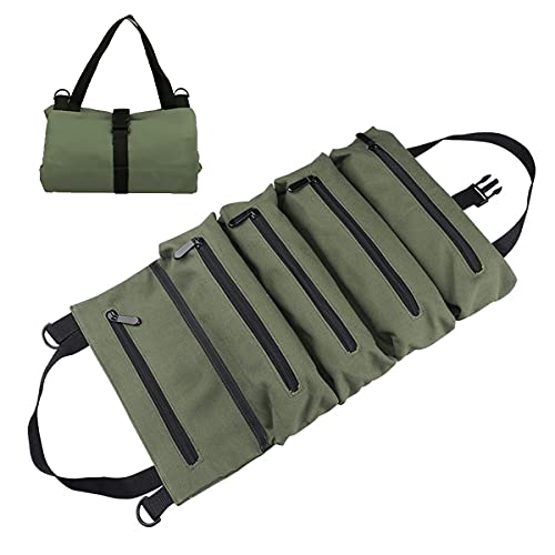 SZDBS, Hand-held Canvas Tool roll Storage Bag, 5 sub-Packing Pocket Wrench roll Bag, Electrician, HVAC, Plumber, Carpenter or craftsman's Tool Storage Bucket and Wrench Storage Bag (Army Green)
