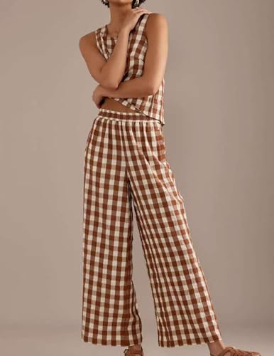 Womens 2 Piece Outfits Gingham Set Summer Cotton Plaid Pajamas Y2k Sleeveless Top Summer Wide Leg Pants Matching2