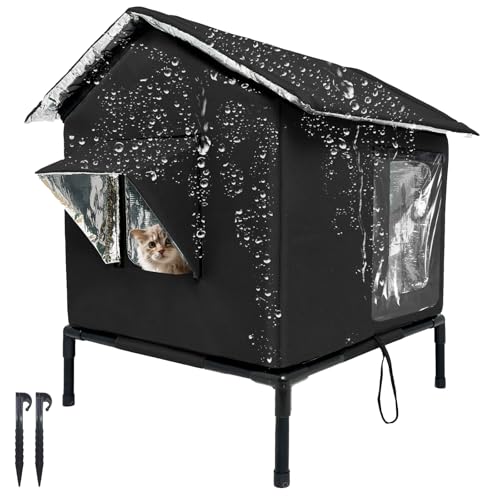 Outdoor Cat House Weatherproof with Aluminum Film Insulation Large Feral Cat Shelter for Winter Collapsible with Door Easy to Assemble (Black)
