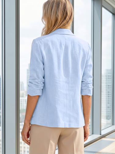 Image of Mina Self 2026 Summer Women's Linen Blazer Jacket - Lightweight Breathable 3 /4 Stretchy Ruched Sleeve Casual Work with Pocket