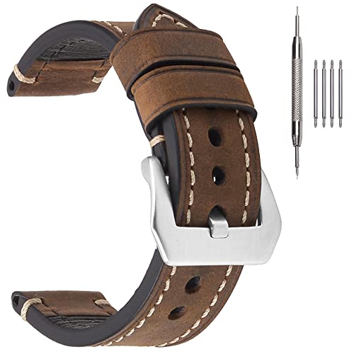 EACHE Correa de reloj para hombre de cuero genuino Crazy Horse y encerado al aceite, hecha a mano, Hebilla Marrón Oscuro negra, 20mm