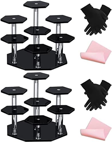 TOUNALKER 2Pack Acrylic Display Stands for Figures, 7-Tier Clear Acrylic Display Risers Shelf, Hexagon Action Figure Display Riser Stand Collectibles Organizer Holder for Cosmetic Pop Vendor (black)