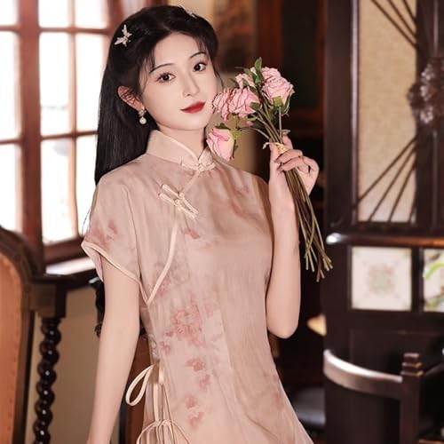 Summer Wearing Cheongsam Dresses for Women Chinese Short Sleeved Long Skirt Dress Retro Women's Classical Cheongsam Ao Dai Dress(Large)3