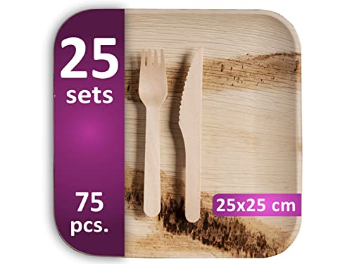 Waipur Assiette Palmier avec Couverts - 25 Grandes Assiettes, Couteaux et Fourchettes - Vaisselle Jetable Biodegradable de Qualité Supérieure - Assiette Bambou similaire