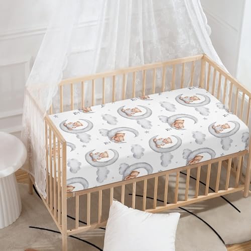 Image of Teddy Bears Fitted Crib Sheet Watercolor Moon Star Clouds Standard Crib Mattress Fitted Sheet Grey Baby Toddler Bed Mattress Sheets for Boys Girls 28 inchx52 inch