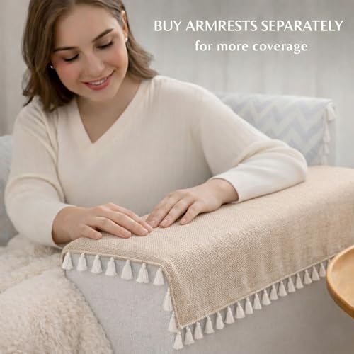 Image of STITCHNEST Jute Sofa Cover - Beige, 48x60 Inch | Soft Textured Fabric with Tassel| Full Coverage Sofa for Living Room Decor