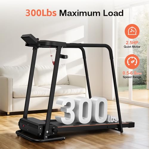 Image of Walking Treadmills for Seniors, 2.5HP Portable Foldable Treadmill for Home with Extended Enclosed Handrails, Dual Shock Absorption, 300 lbs Capacity, Bluetooth APP & Heart Rate Monitoring