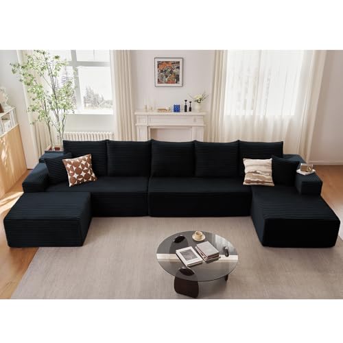 Image of Lakifun 166.9 inch U-Shape Cloud Couch, Modern Modular Sectional Comfy L-Shape Sofa with Ottoman, Deep Seat, Upholstered Corduroy Sleeper Chaise Longue for Living Room Bedroom, No Assembly Required, Black