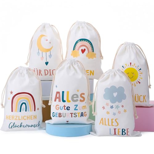 woric 6 Stück Stoffbeutel Klein 20x30 cm Geschenksäckchen Baumwollbeutel mit Kordelzug Geschenkbeutel Geburtstag Regenbogen Geschenk zur Geburt Kommunion Hochzeit Taufe Baby Shower Party (6 Designs)