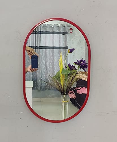 Image of Quality Glass Metal Frame Shape Capsule Wall Mirror Royal Mirror Home Decorative Mirror Modern Mirror Living Room Mirror Wall Mirror Bathroom Mirror Size 16x24 inches Color red MF 62