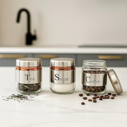 Image of 350ml Canister Set of 3 | Premium Glass Jars with Stainless Steel Lids | Airtight Kitchen Storage Containers for Tea, Coffee, Sugar | Transparent Spices Masala Organizer