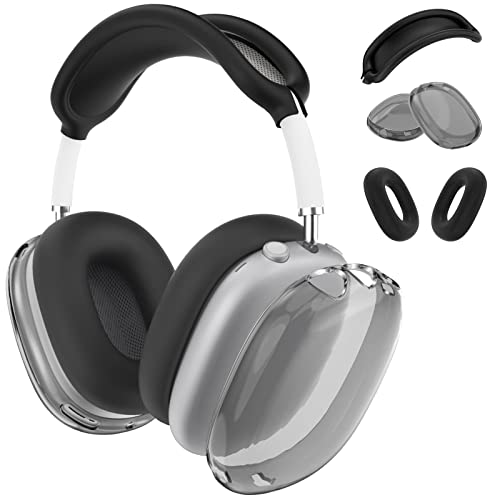 JDHDL [3 in 1] for Airpods Max Case Cover, Clear Soft TPU Earcup Case Cover+Slicone Earpad Cover+Silicone Overhead Cover, Transparent Protective Case for Apple Airpods Max Accessories(Black)