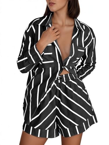 Image of Tankaneo Womens Striped 2 Piece Outfits Button Down Shirts and Shorts Lounge Matching Sets