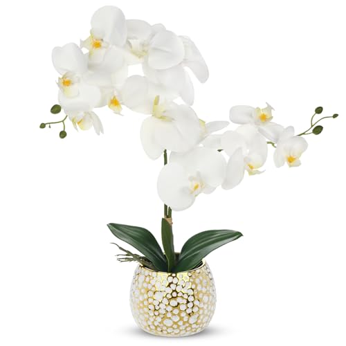 Hollyone Artificial Orchid in Ceramic Pot, 45CM Fake Orchid Plant for Centerpiece, White Artificial Flowers with Gold Pot for Home Decor, Living Room, Table, Shelf, Kitchen, Bathroom Decorations