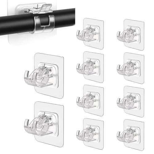 10 Pièces Support Tringle Rideaux Sans Percage, Accroche Rideau Adhesif Transparent Crochet Rideau Sans Percage pour Tringles à Rideaux Porte Serviettes...
