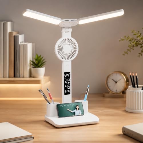 Image of One94Store SmartTwin Pro Design Rechargeable LED Table Lamp | Dual Arm Desk Light with Fan & Phone Holder | Touch Control Dimmable Study Lamp | 2400mAh Battery | USB Powered (White)