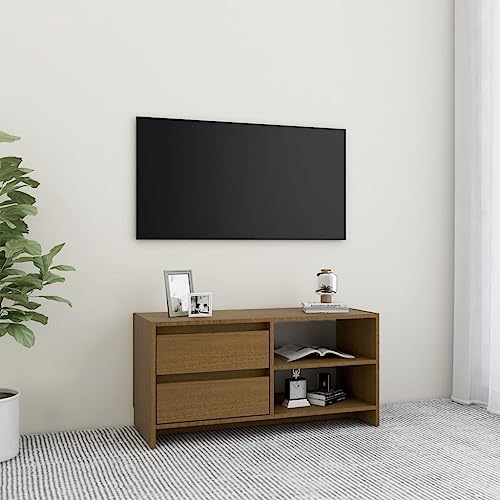 RCODSSK Meuble TV en pin massif marron miel, 80 cm de large, avec plateau de rangement et compartiments pratiques comme meuble TV
