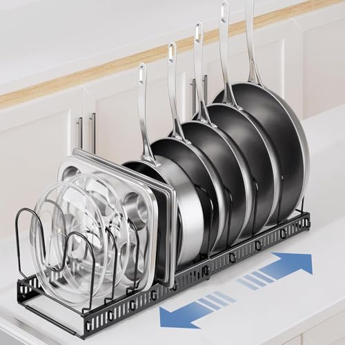 Image of 10-Tier Expandable Pot and Pan Organizer Rack - Adjustable Heavy-Duty Metal Kitchen Cabinet Holder for Pots, Lids, Skillets & Bakeware